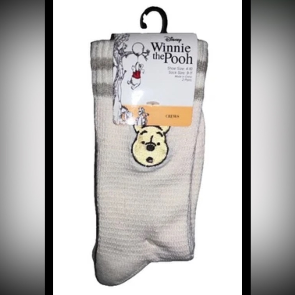 Winnie The Pooh Crew Socks 2 Pair Women's 4-10 Off White Brown w Face & Bees NEW